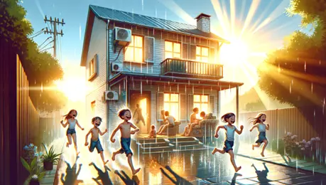 A digitally rendered image of kids running in the rain towards a house with people sitting on the porch.